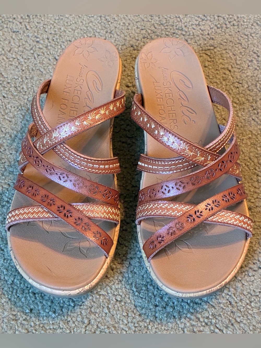 Cali By Sketchers Beverlee Wedge Sandals Size 7.5 Slip On Strappy Vegan Leather